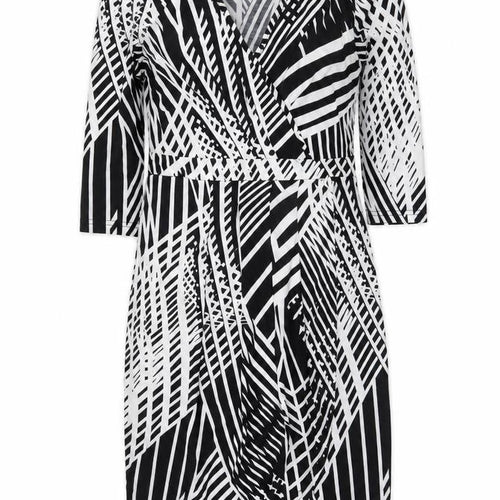 Izabel London Women Black Geometric V-Neck Wrap Jersey Dress Size 10