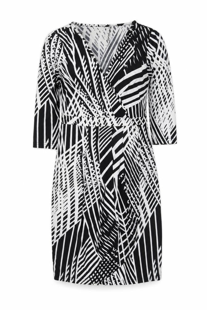 Izabel London Women Black Geometric V-Neck Wrap Jersey Dress Size 10