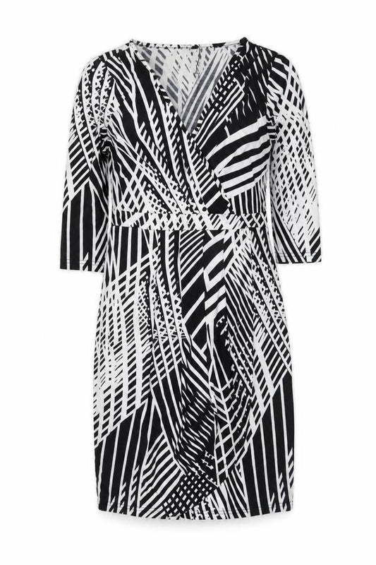 Front view of Izabel London Women Black Geometric V-Neck Wrap Jersey Dress, size 10