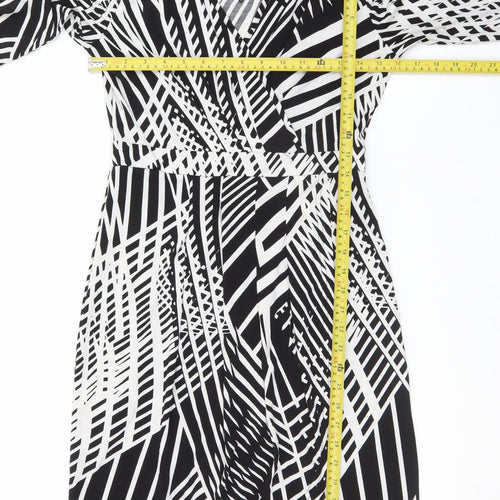 Izabel London Women Black Geometric V-Neck Wrap Jersey Dress Size 10