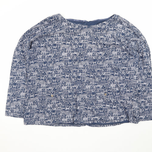 Mantaray Women Blue City Print Cotton Long Sleeve Tunic Blouse Size 20