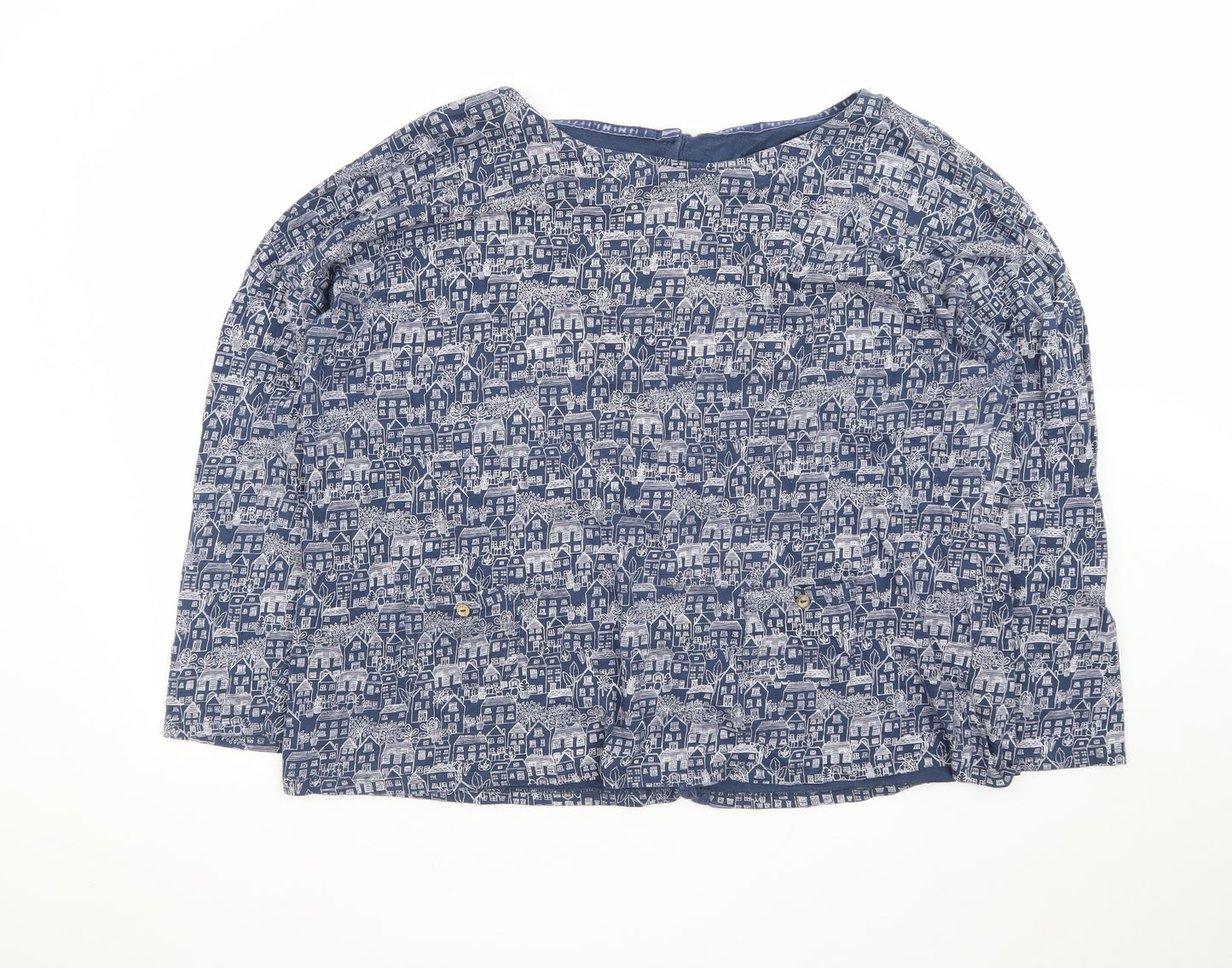 Mantaray Women Blue City Print Cotton Long Sleeve Tunic Blouse Size 20
