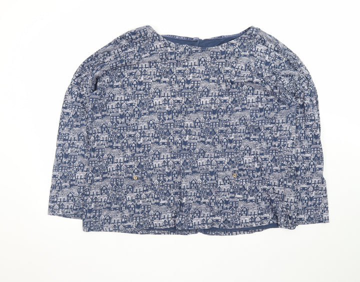 Mantaray Women Blue City Print Cotton Long Sleeve Tunic Blouse Size 20