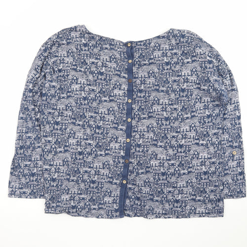 Mantaray Women Blue City Print Cotton Long Sleeve Tunic Blouse Size 20