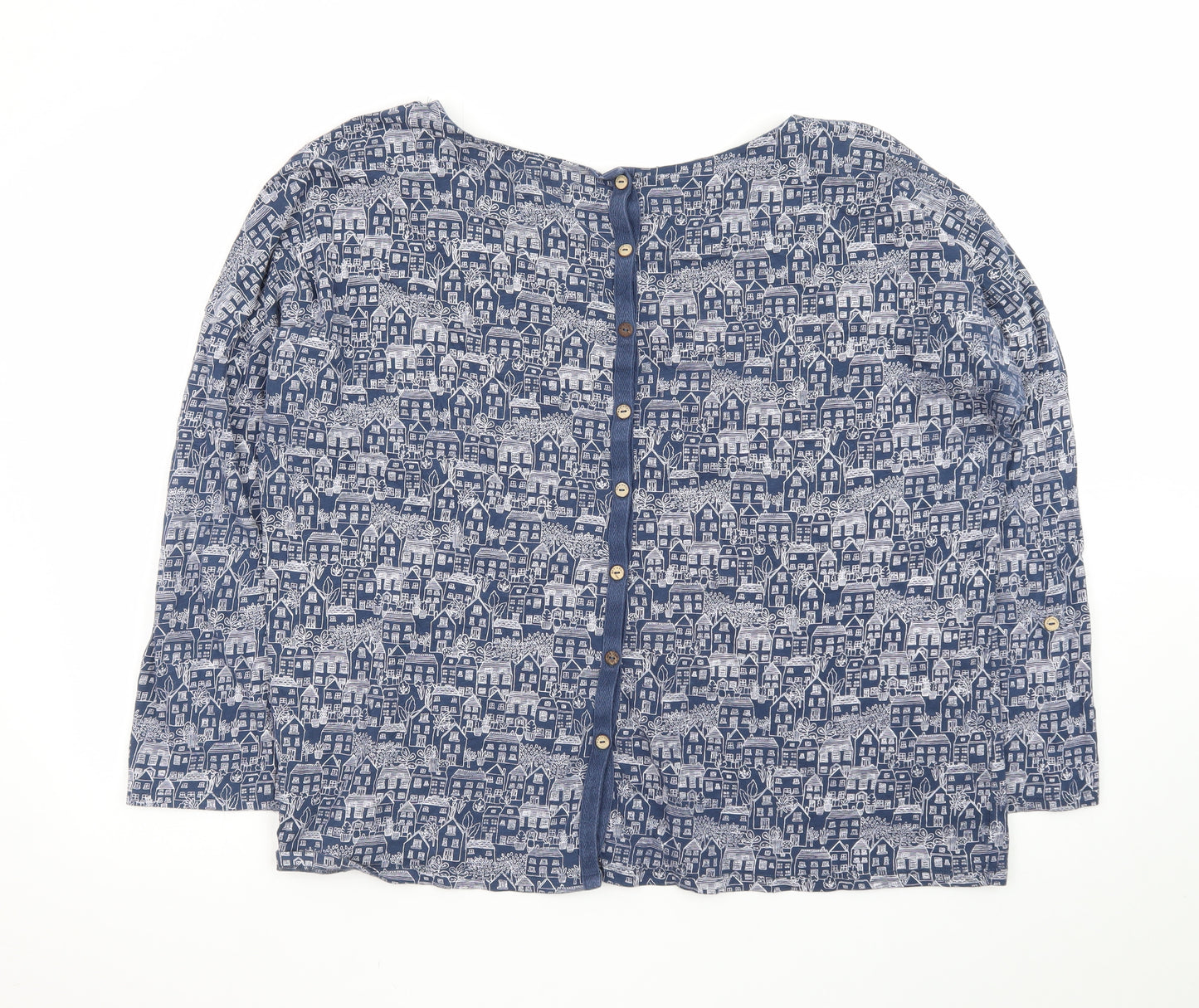 Mantaray Women Blue City Print Cotton Long Sleeve Tunic Blouse Size 20
