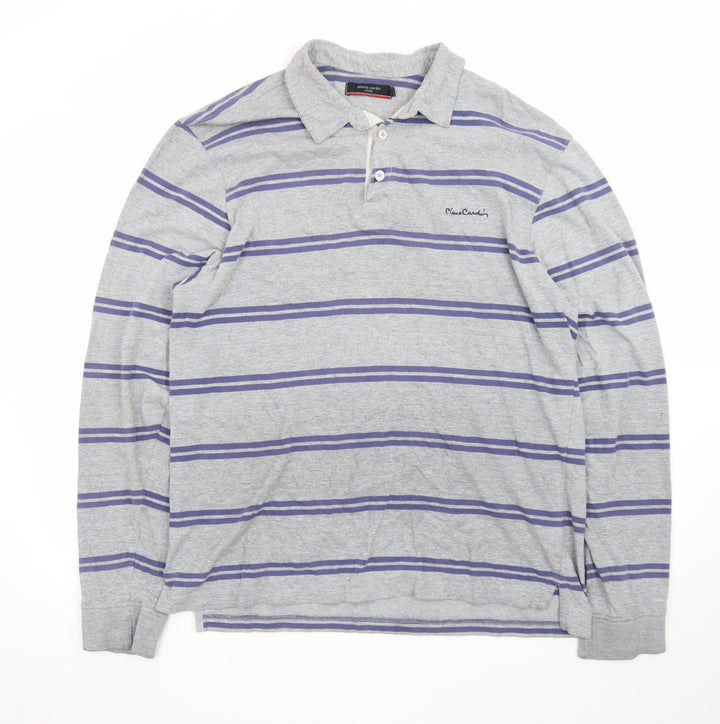 Pierre Cardin Men Grey Striped Long Sleeve Polo Shirt 2XL Classic Fit