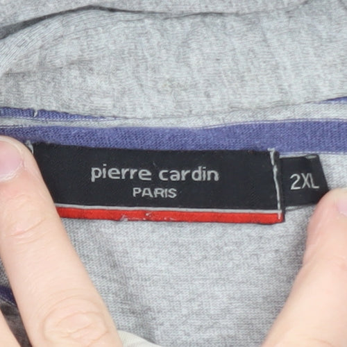 Pierre Cardin Men Grey Striped Long Sleeve Polo Shirt 2XL Classic Fit
