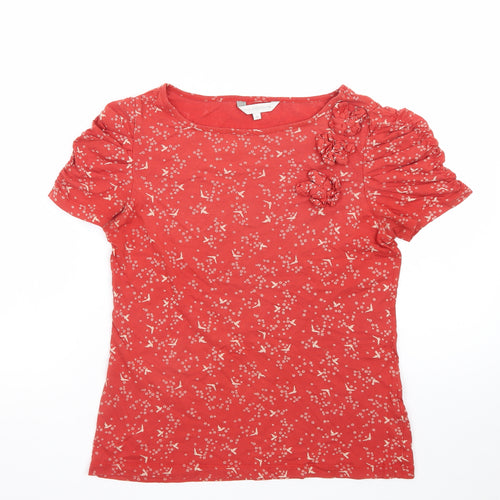 John Rocha Women's Red Floral Cotton Short Sleeve Ruffle T-Shirt Size 12