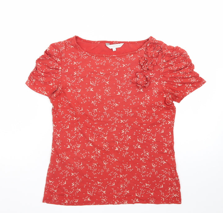 John Rocha Women's Red Floral Cotton Short Sleeve Ruffle T-Shirt Size 12