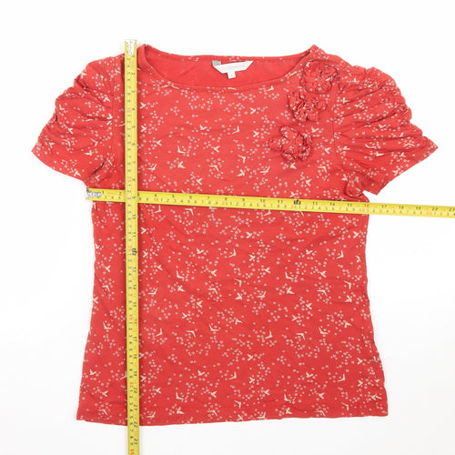 John Rocha Women's Red Floral Cotton Short Sleeve Ruffle T-Shirt Size 12