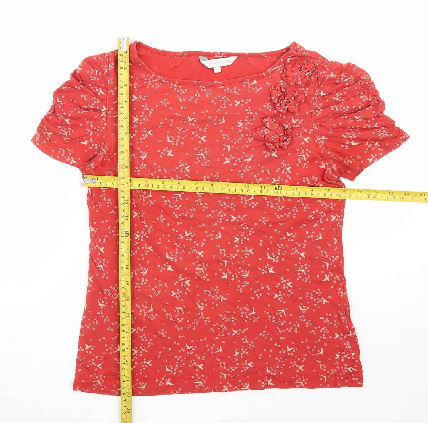 John Rocha Women's Red Floral Cotton Short Sleeve Ruffle T-Shirt Size 12