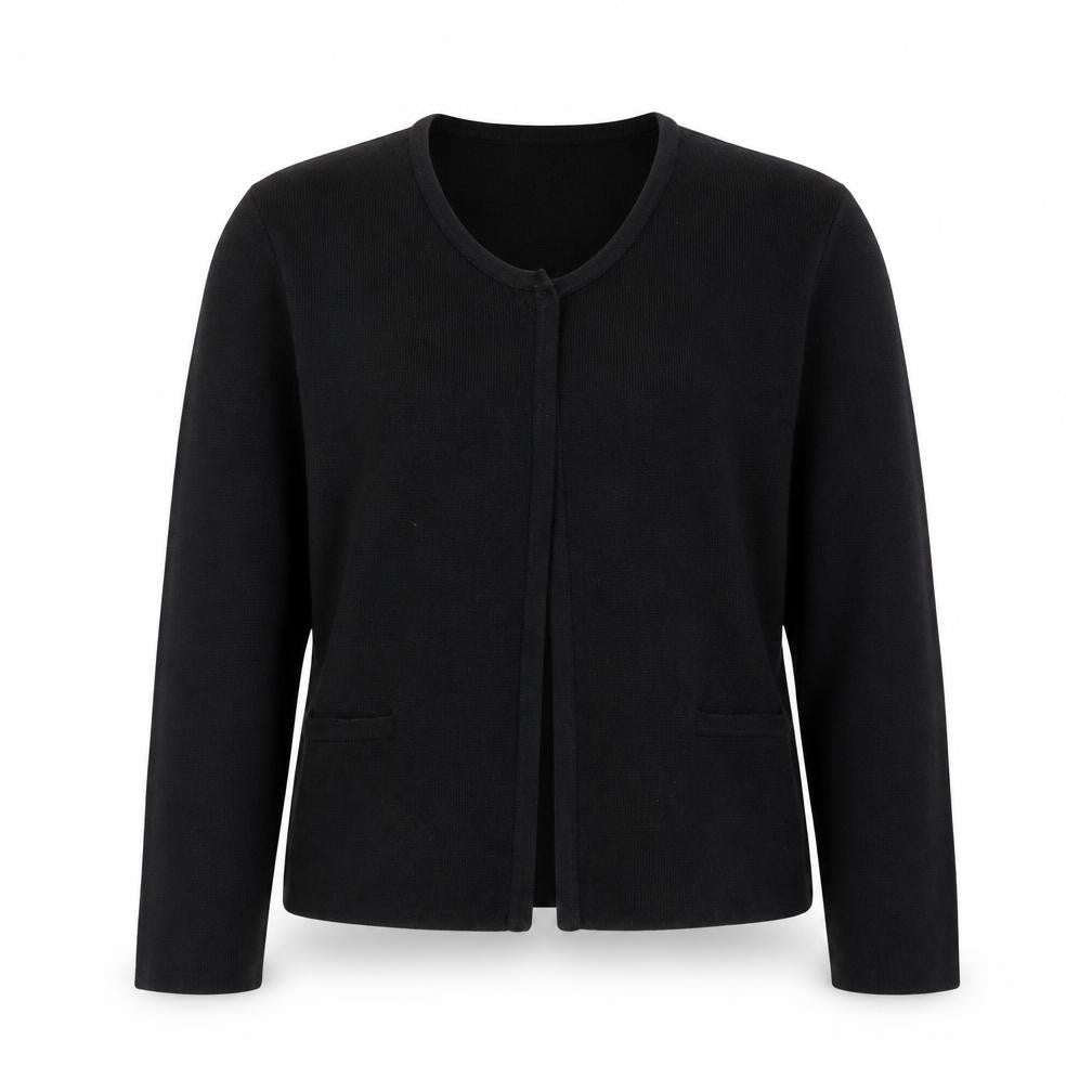 Front view of Laura Ashley Women Black, size 8, Classic Open Cardigan