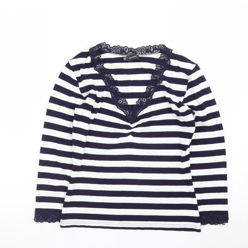Hobbs Women's Blue Striped Lace Trim Long Sleeve T-Shirt Size 10