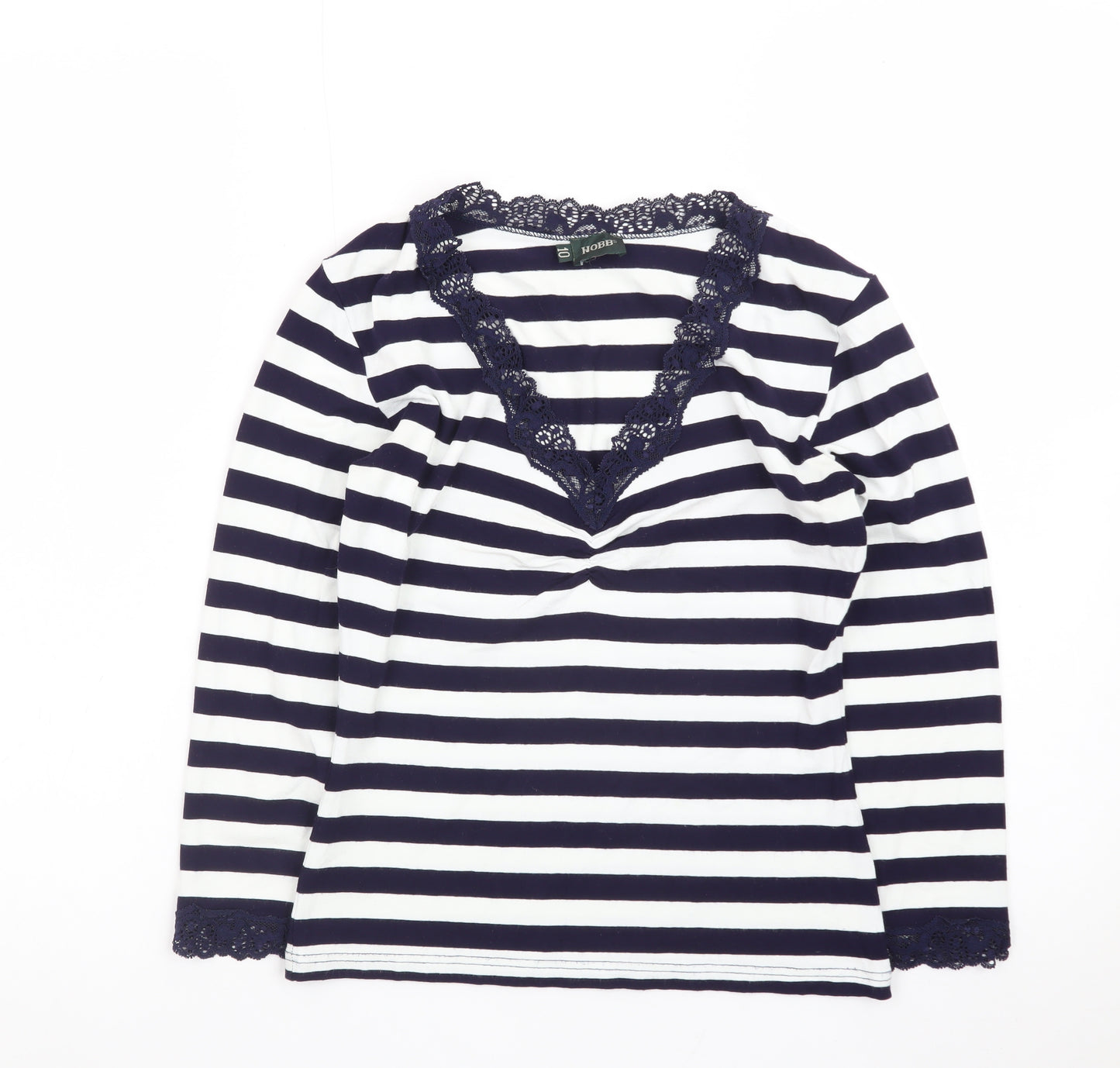 Hobbs Women's Blue Striped Lace Trim Long Sleeve T-Shirt Size 10