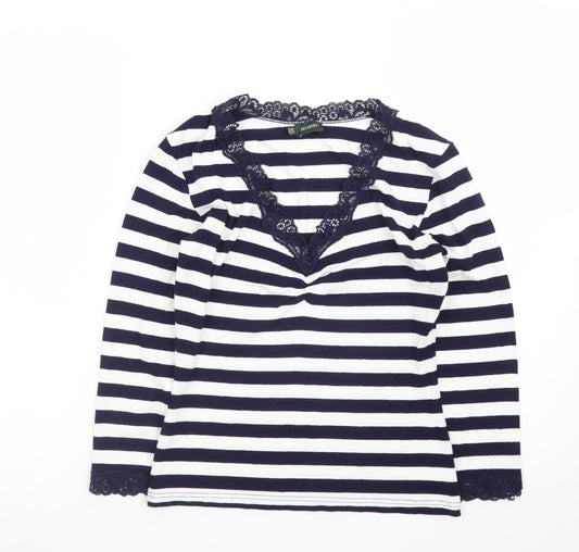 Hobbs Women's Blue Striped Lace Trim Long Sleeve T-Shirt Size 10