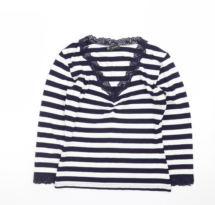 Hobbs Women's Blue Striped Lace Trim Long Sleeve T-Shirt Size 10