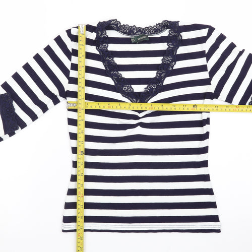 Hobbs Women's Blue Striped Lace Trim Long Sleeve T-Shirt Size 10