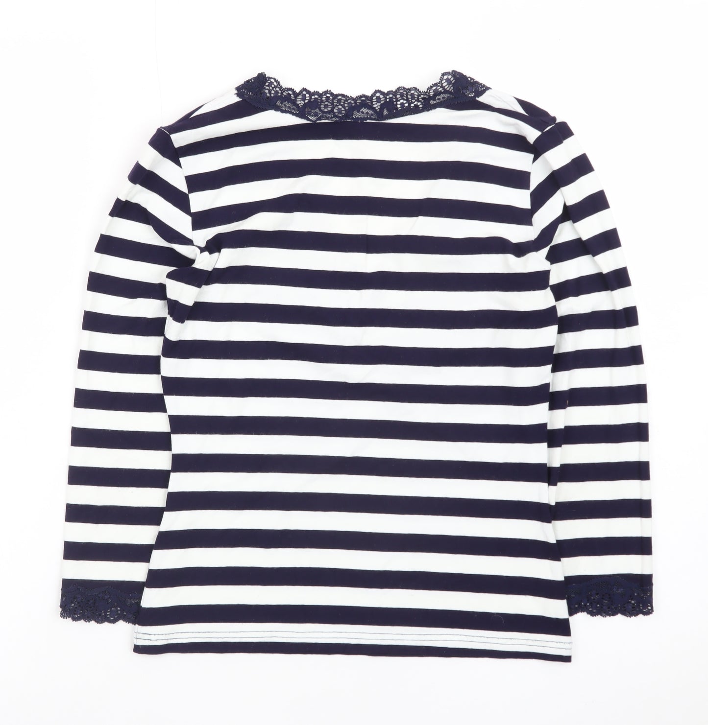 Hobbs Women's Blue Striped Lace Trim Long Sleeve T-Shirt Size 10