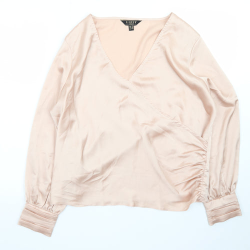 Lipsy Women’s Pink Satin Wrap Blouse UK 16 Long Sleeve Top