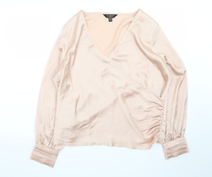 Lipsy Women’s Pink Satin Wrap Blouse UK 16 Long Sleeve Top