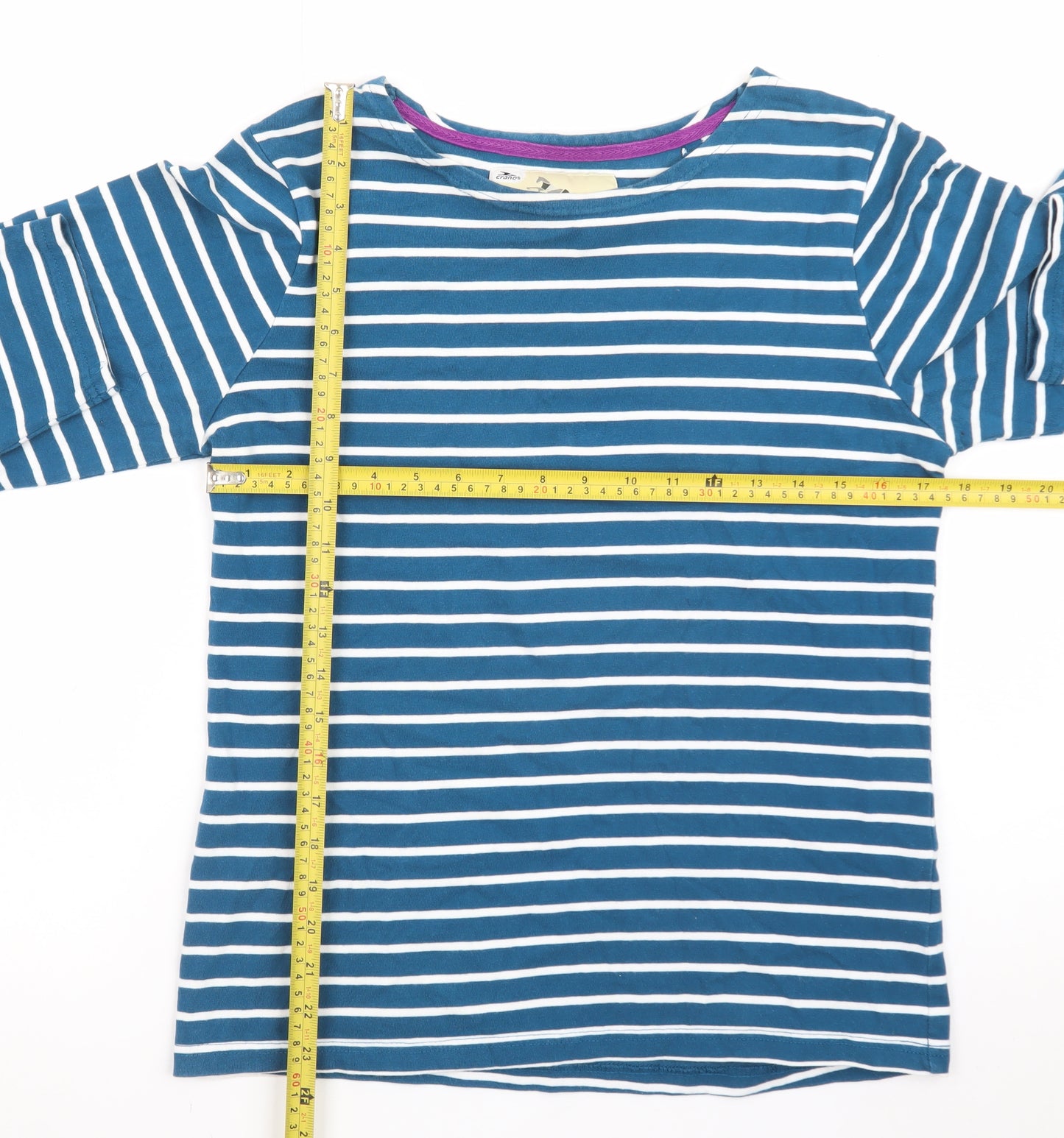 Crane Equestrian Women Blue Striped 3/4 Sleeve Cotton Top UK 8-10
