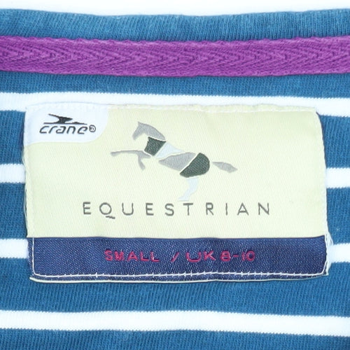 Crane Equestrian Women Blue Striped 3/4 Sleeve Cotton Top UK 8-10