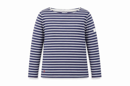 Front view of Joules women’s blue striped long sleeve boat neck top, size UK 10