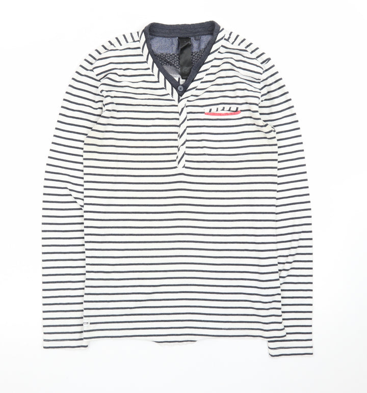 Capsize Men's White Striped Long Sleeve Henley T-Shirt Size S