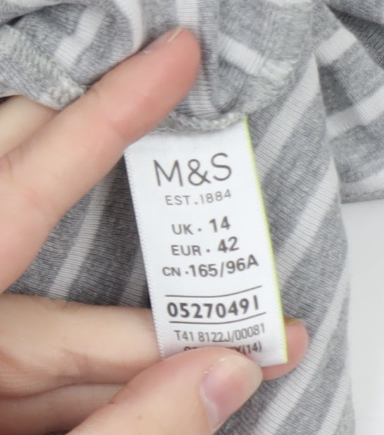 Marks and Spencer Womens Grey Striped Long Sleeve Cotton T-Shirt Size 14