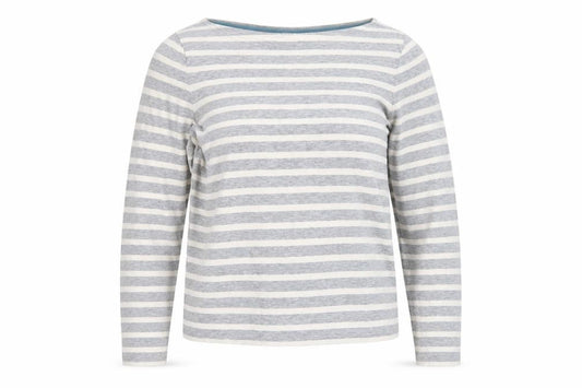 Front view of Jigsaw women’s grey striped long sleeve cotton boat neck top m