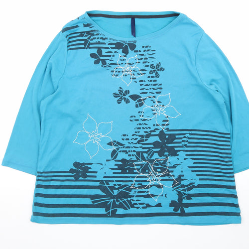 Bm Women's Blue Floral 3/4 Sleeve Cotton T-Shirt XL