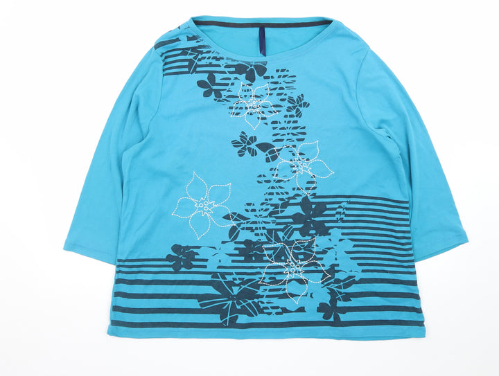Bm Women's Blue Floral 3/4 Sleeve Cotton T-Shirt XL