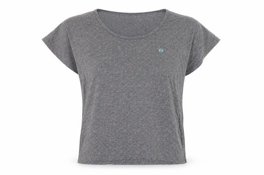Front view of Moshulu Women Grey Polka Dot Relaxed T-Shirt, size 12