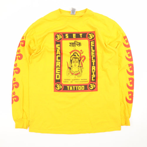 Gildan Men's Yellow Long Sleeve Sacred Electric Tattoo T-Shirt Size M