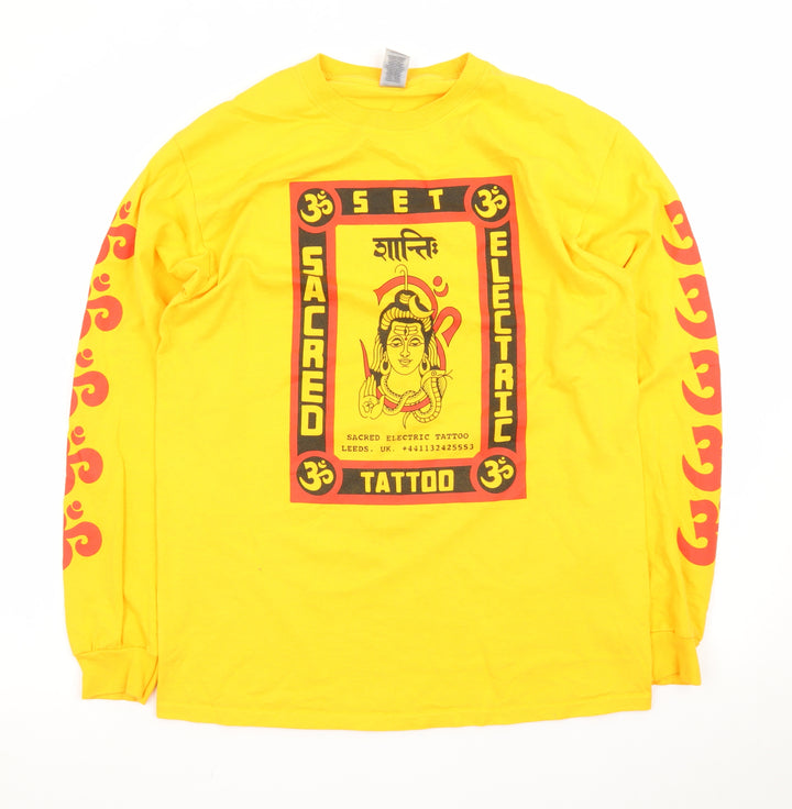 Gildan Men's Yellow Long Sleeve Sacred Electric Tattoo T-Shirt Size M