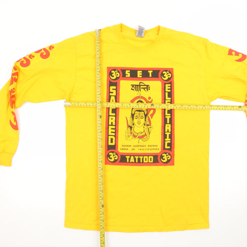 Gildan Men's Yellow Long Sleeve Sacred Electric Tattoo T-Shirt Size M