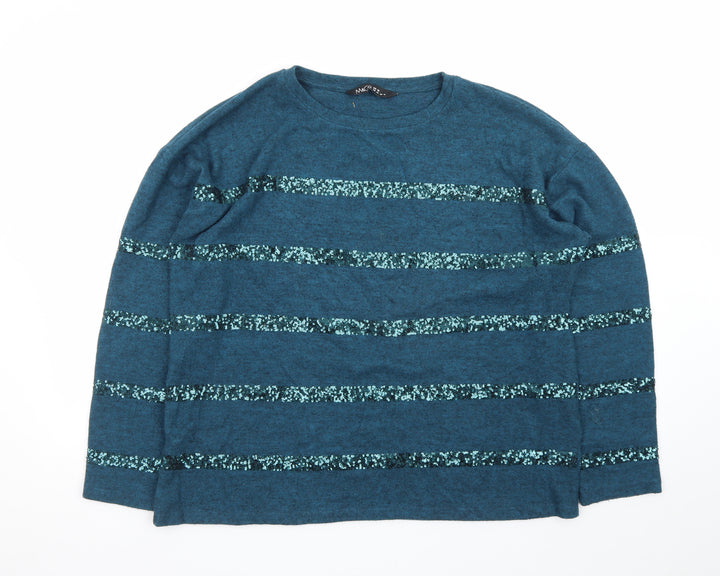 M&Co Women Blue Sequin Stripe Knit Pullover Jumper Size 16