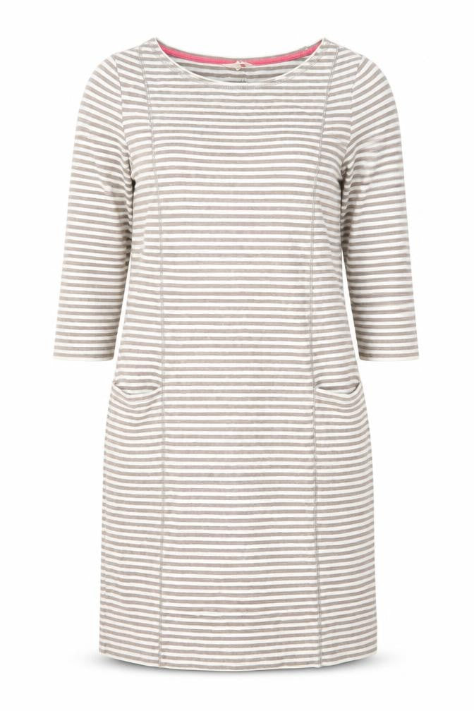 Front view of White Stuff Women Grey Striped Shift Dress, size 10, Cotton Stretch
