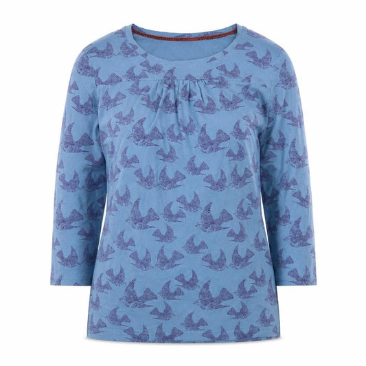 Front view of Ness women’s blue bird print 3/4 sleeve viscose t-shirt m