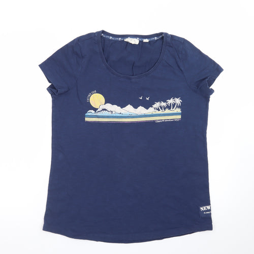 Fat Face Women's Navy Blue Cotton T-Shirt Size 12 Graphic Beach Print