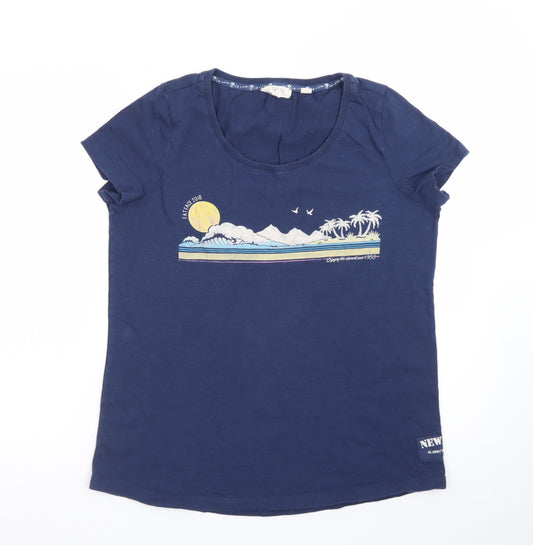 Fat Face Women's Navy Blue Cotton T-Shirt Size 12 Graphic Beach Print
