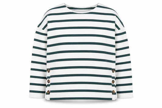 Front view of Boden Women’s White & Navy Striped Button Pullover Sweatshirt UK 12