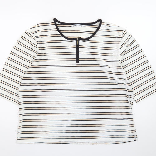 Emreco Women's Ivory Striped 3/4 Sleeve Jersey Zip T-Shirt UK 18