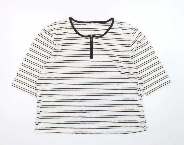 Emreco Women's Ivory Striped 3/4 Sleeve Jersey Zip T-Shirt UK 18