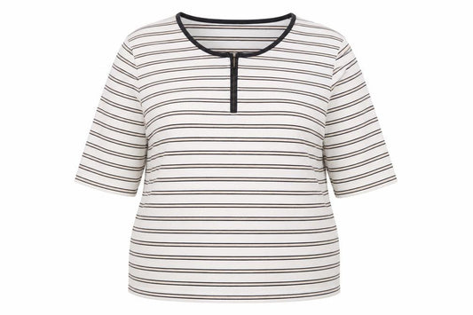 Front view of Emreco Women's Ivory Striped 3/4 Sleeve Jersey Zip T-Shirt UK 18