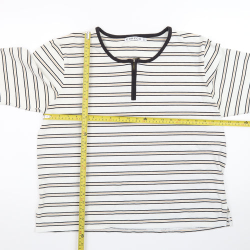 Emreco Women's Ivory Striped 3/4 Sleeve Jersey Zip T-Shirt UK 18