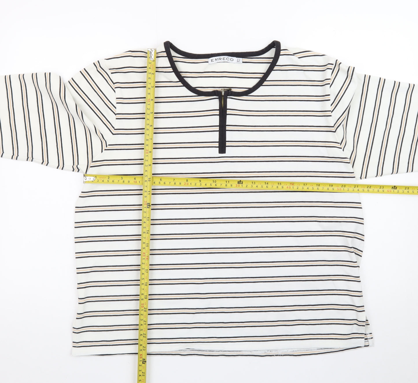 Emreco Women's Ivory Striped 3/4 Sleeve Jersey Zip T-Shirt UK 18