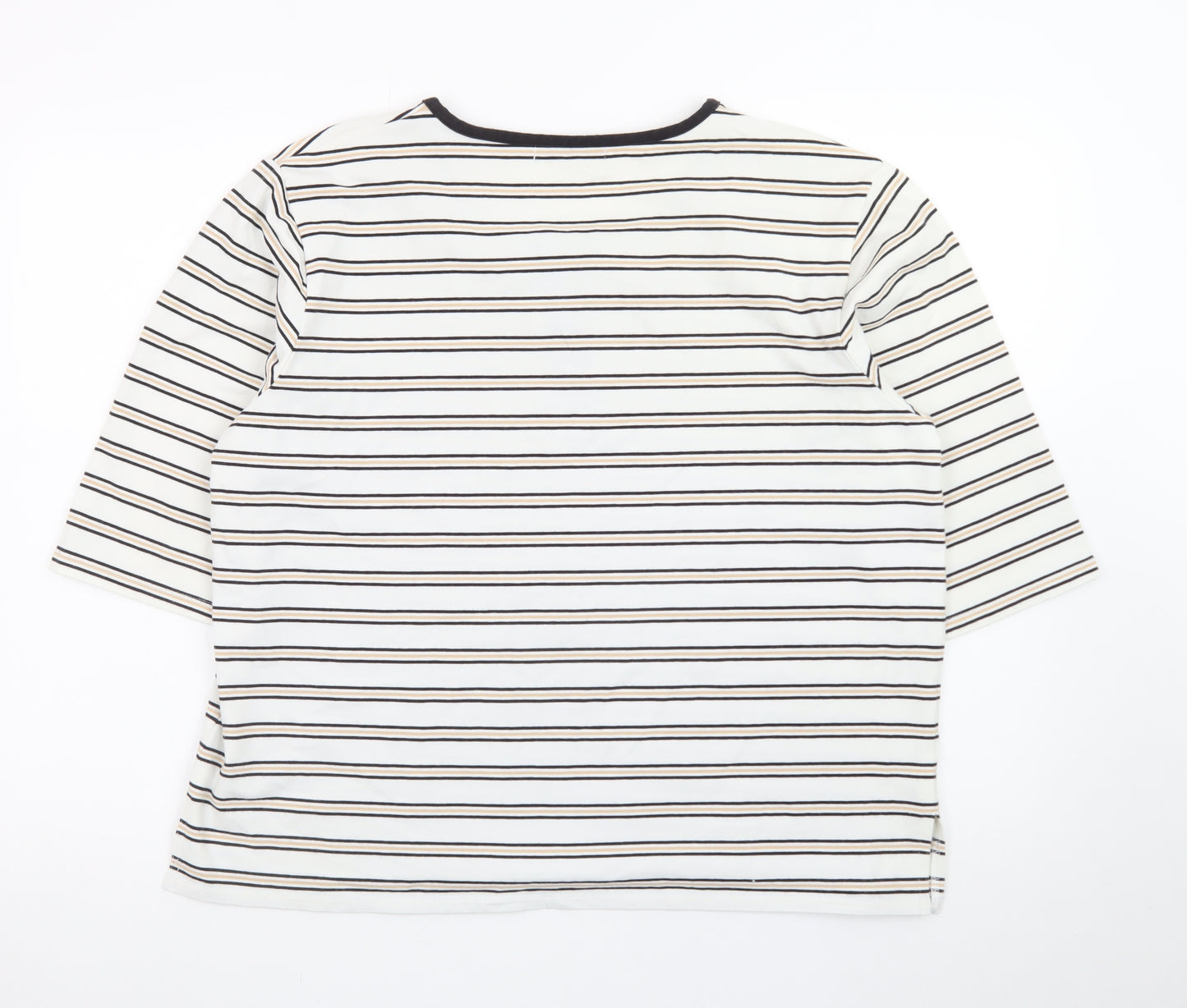 Emreco Women's Ivory Striped 3/4 Sleeve Jersey Zip T-Shirt UK 18
