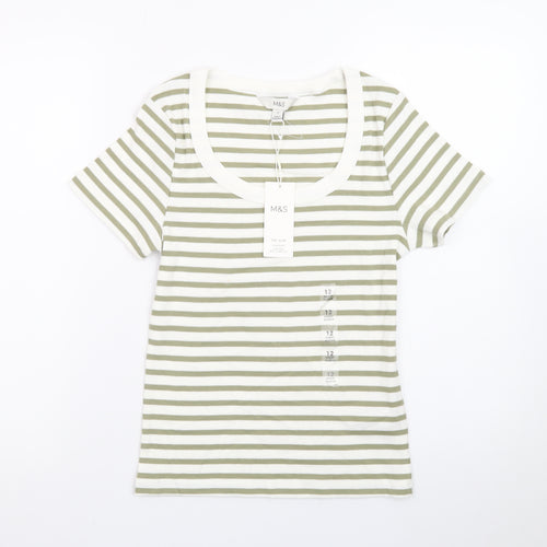 Marks and Spencer Women’s Green White Striped Slim Fit Cotton T-Shirt Size 12