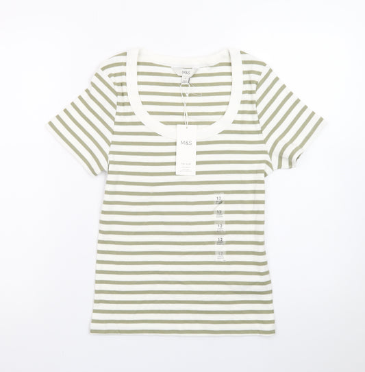 Marks and Spencer Women’s Green White Striped Slim Fit Cotton T-Shirt Size 12